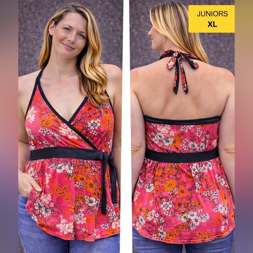 Trixxi Floral Halter Wrap Tank Top - Pink juniors XL pit to pit 14in